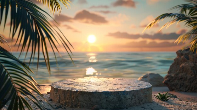 Beach background at sunset with tropical elements with a round 3d rock podium in the bottom of the