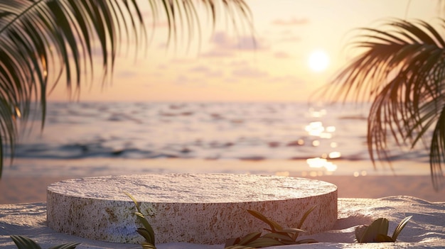 Beach background at sunset with tropical elements with a round 3d rock podium in the bottom of the