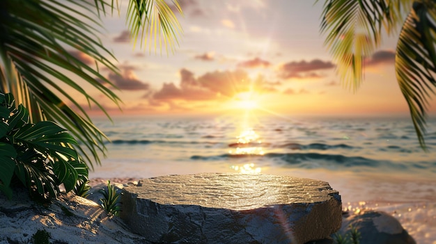 Beach background at sunset with tropical elements with a round 3d rock podium in the bottom of the