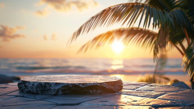 Beach background at sunset with tropical elements with a round 3d rock podium in the bottom of the