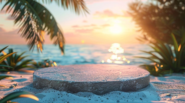 Beach background at sunset with tropical elements with a round 3d rock podium in the bottom of the