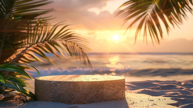 Beach background at sunset with tropical elements with a round 3d rock podium in the bottom of the