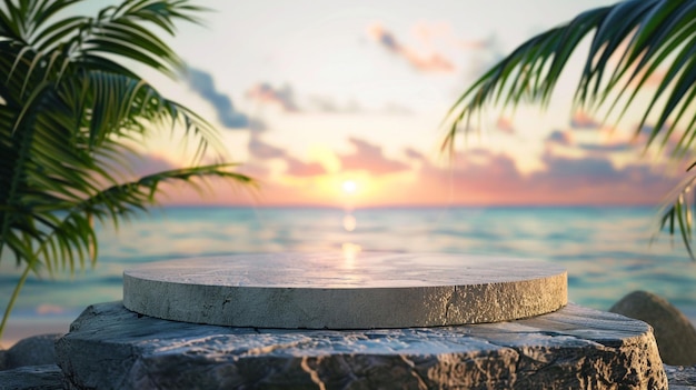 Beach background at sunset with tropical elements with a round 3d rock podium in the bottom of the