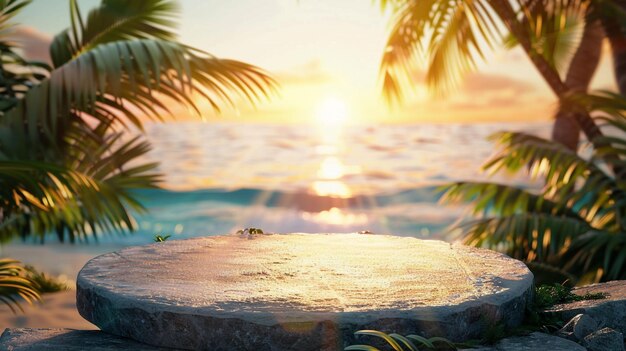 Beach background at sunset with tropical elements with a round 3d rock podium in the bottom of the