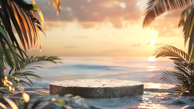 Beach background at sunset with tropical elements with a round 3d rock podium in the bottom of the