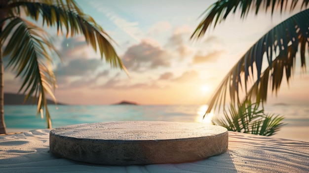 Beach background at sunset with tropical elements with a round 3d rock podium in the bottom of the