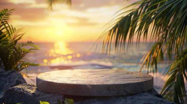 Beach background at sunset with tropical elements with a round 3d rock podium in the bottom of the