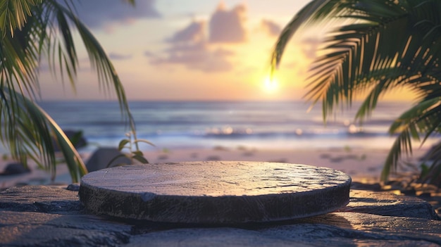 Beach background at sunset with tropical elements with a round 3d rock podium in the bottom of the