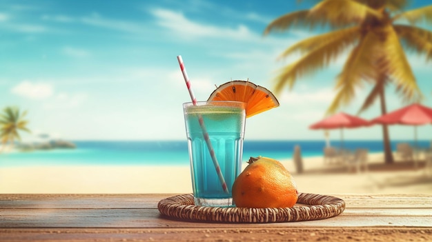 Beach background with palm tree and cold drinks drinks in the beach illustration Drink illustratio