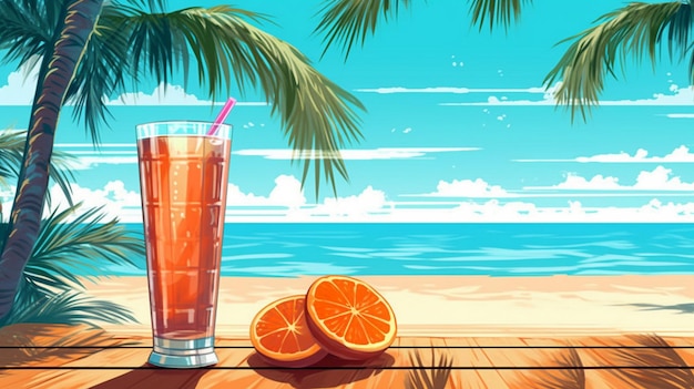 Beach background with palm tree and cold drinks drinks in the beach illustration Drink illustratio