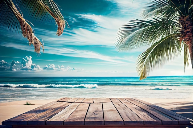 Beach background with palm trees and wooden deck copy space 3d illustration Generative AI