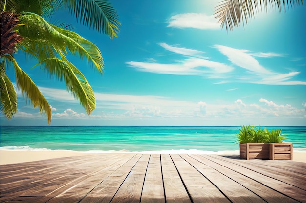 Beach background with palm trees and wooden deck copy space 3d illustration Generative AI