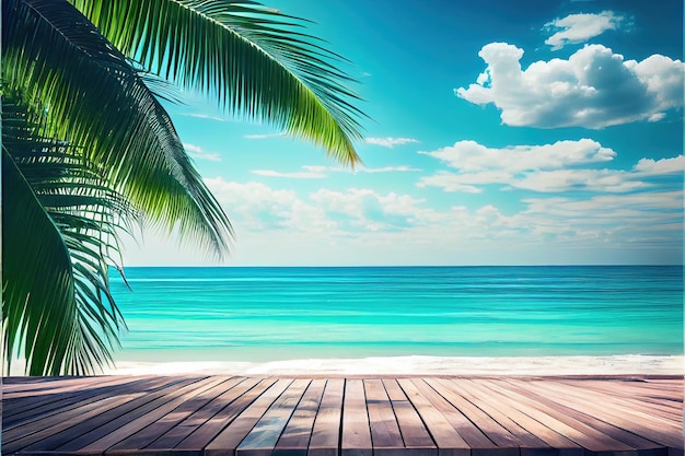 Beach background with palm trees and wooden deck copy space 3d illustration Generative AI