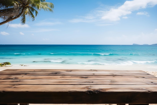 Beach Background with Wooden Table for Product Display