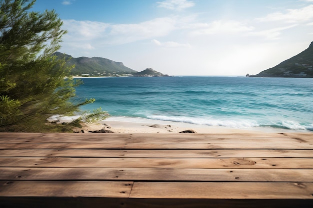 Beach Background and Wooden Table for Showcase Organic Products