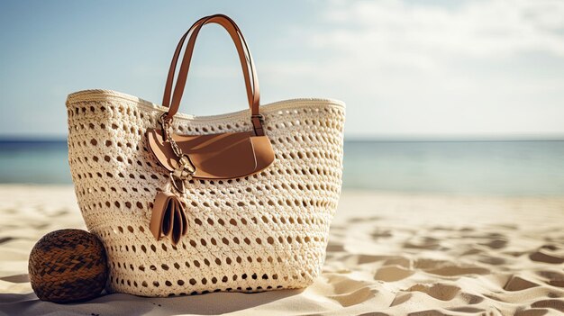 A beach bag on a beach with the word beach on it