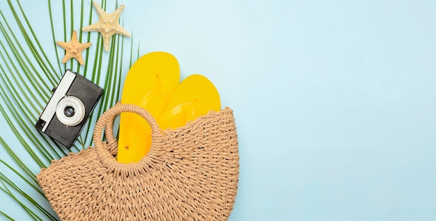 Beach bag, flip flops, camera, starfish and palm leaf on blue background