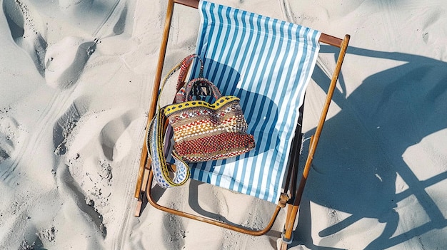 The beach bag lies on chaise lounge made of soft fabric Chair stands on the sand on the beach