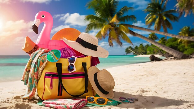 Beach bag with accessories and cute inflatable flamingo on a tropical beach summer vacations