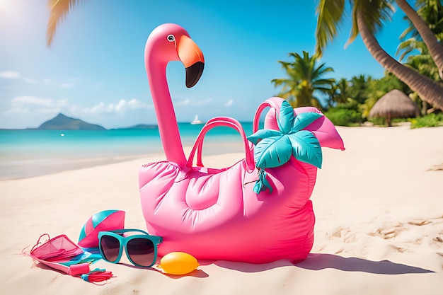 Beach bag with accessories and cute inflatable flamingo on a tropical beach summer vacations