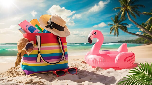 Beach bag with accessories and cute inflatable flamingo on a tropical beach summer vacations