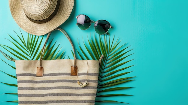 Photo a beach bag with sunglasses flip flops and other summer accessories on the background of a blue sea or ocean water and white sand