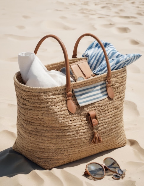 a beach bag with a towel on it and a towel on the sand