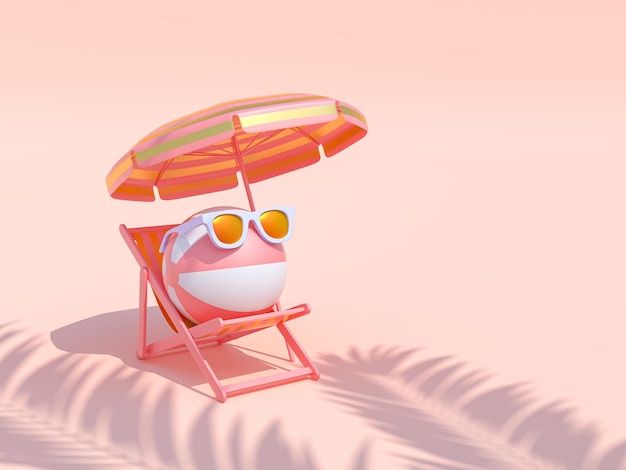 Photo beach ball wearing sunglasses on luxury chairs and umbrella 3d render illustration