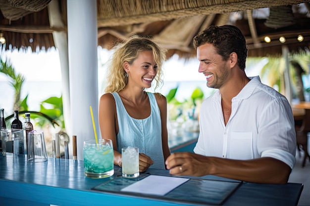 Beach Bar Counter with Color Drinks Happy Couple Ordering Two Cocktails in a Beach Bar Generative AI Illustration