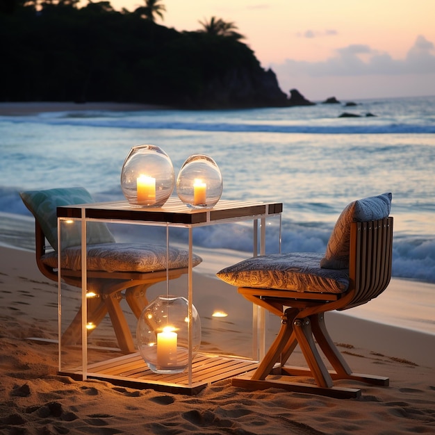 a beach bar with a chair and candles on it