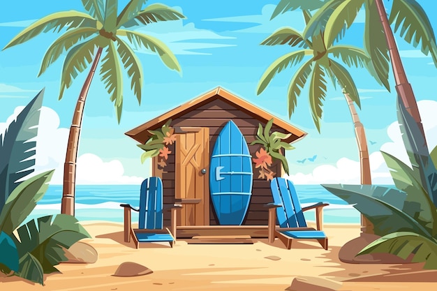 Photo the beach blue cabin is wooden striped with surfboards flat landscap vector art illustration