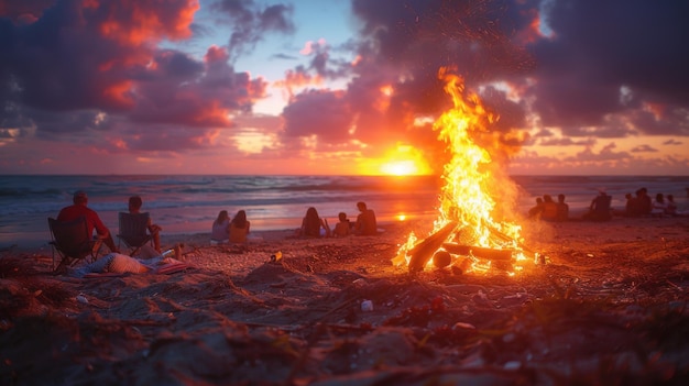 Beach Bonfire Gathering Friends Roasting Marshmallows at Warm Sunset Festive Photography