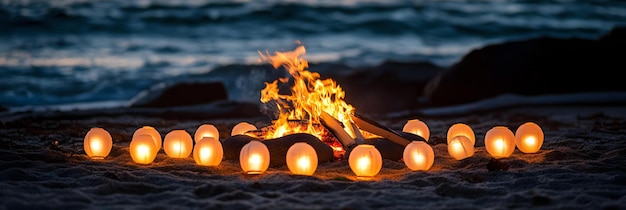 Photo beach bonfire with glowing lanterns