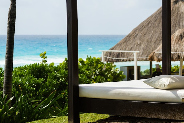 Beach cabanas at the vacation resort in Mexico.