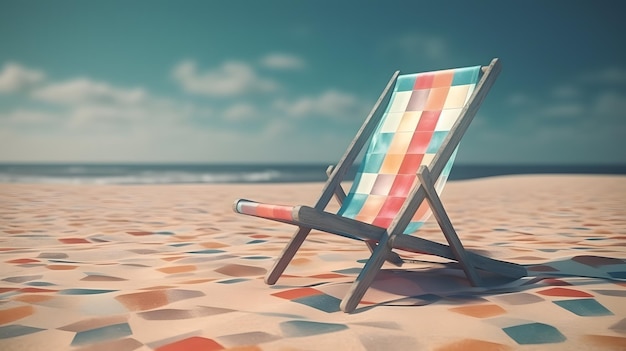 A beach chair on a beach with a blue sky in the background.