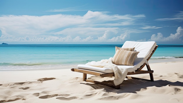 A beach chair on a beach with a pillow on the beach.