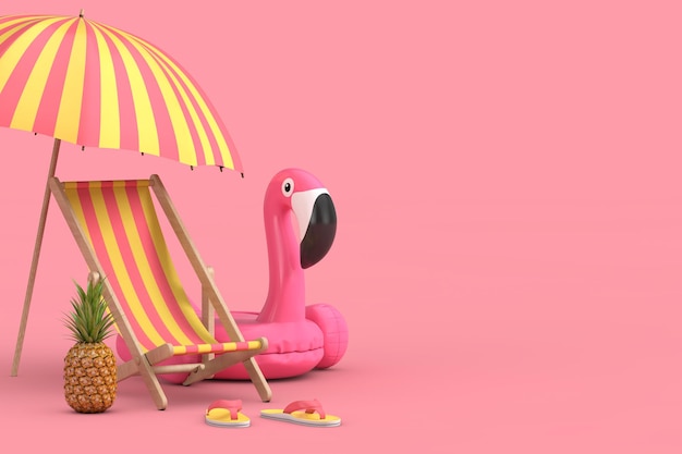 Photo beach chair inflantable pink flamingo beach umbrella beach sandals andpineapple fruit 3d rendering