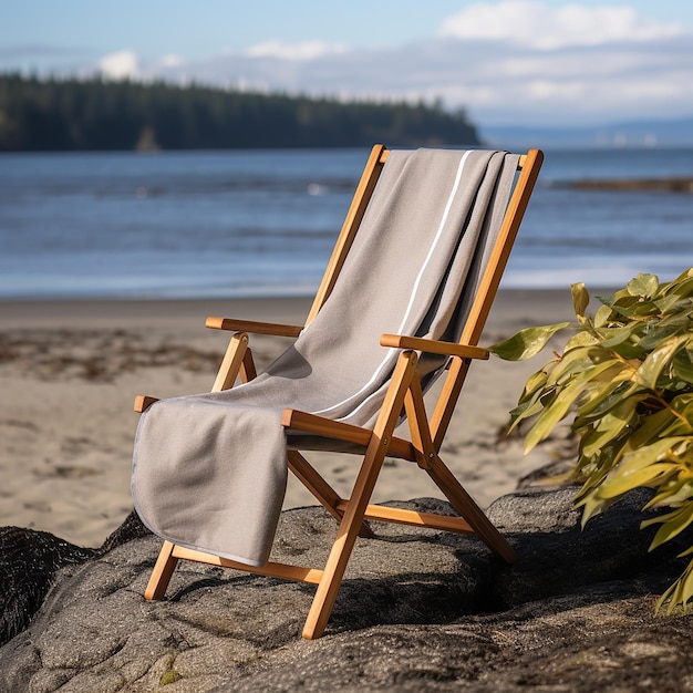 a beach chair is on a rock by the water