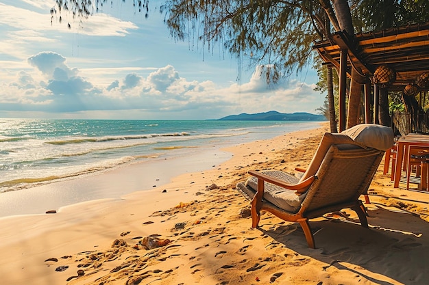 a beach chair is on the sand and the ocean is visible