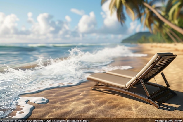 a beach chair is on the sand with a palm tree in the background