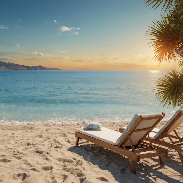 a beach chair and a palm tree on a beach