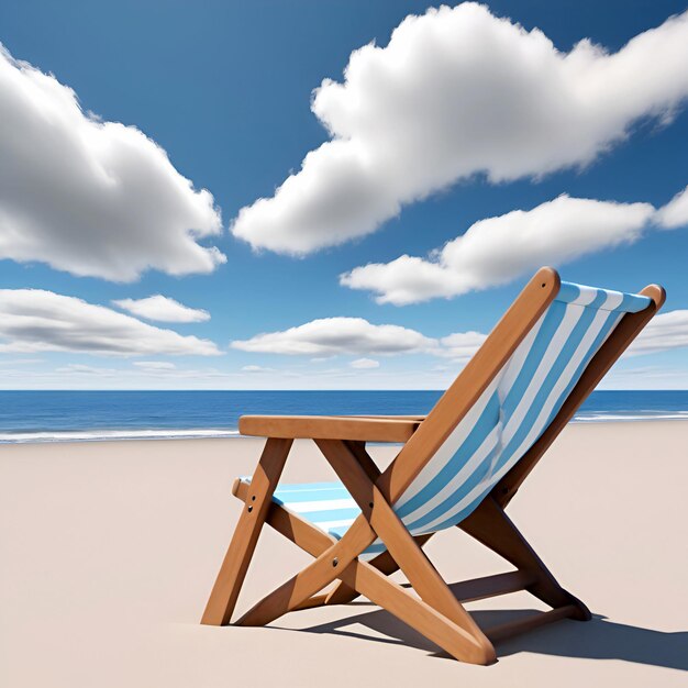 a beach chair on the sandy beach with clouds in the clear sky