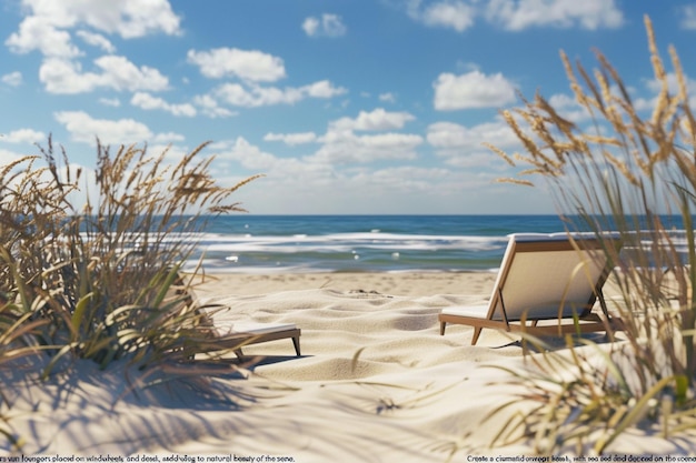 a beach chair sits in the sand with the ocean in the background