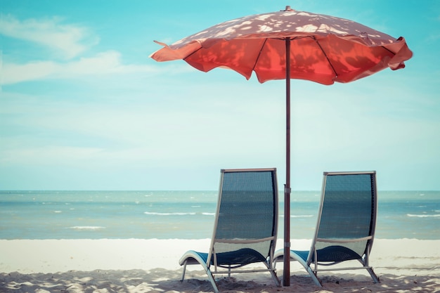 Beach chair and umbrella on sand beach.