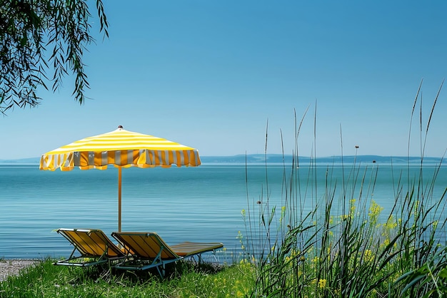 Photo beach chair and umbrella on the shore of lake balaton hungary