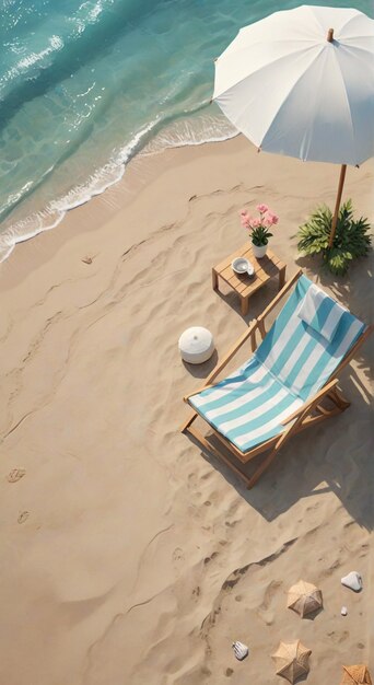 a beach chair with a blue and white striped beach towel