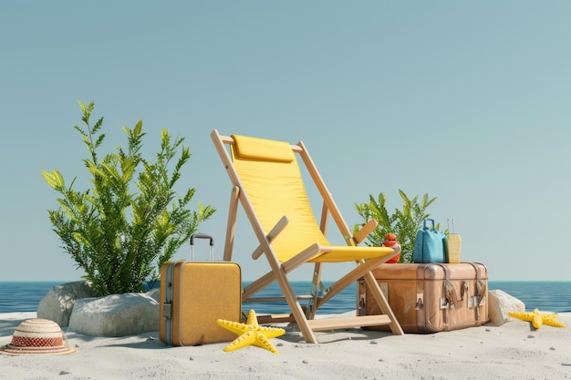 beach chair with luggage and beach stuffs in summer holiday style in 3D illustration or 3D rendering