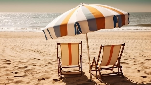 Beach chair with umbrella on a beautiful white sand set against a stunning blue sky and ocean vacation freedom concept generative ai