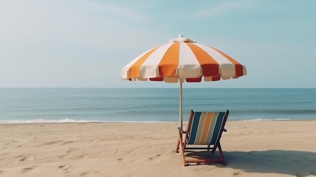 Beach chair with umbrella on a beautiful white sand set against a stunning blue sky and ocean vacation freedom concept generative ai