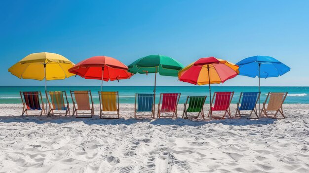 Beach chairs arranged under colorful umbrellas offering a shady retreat from the blazing summer sun